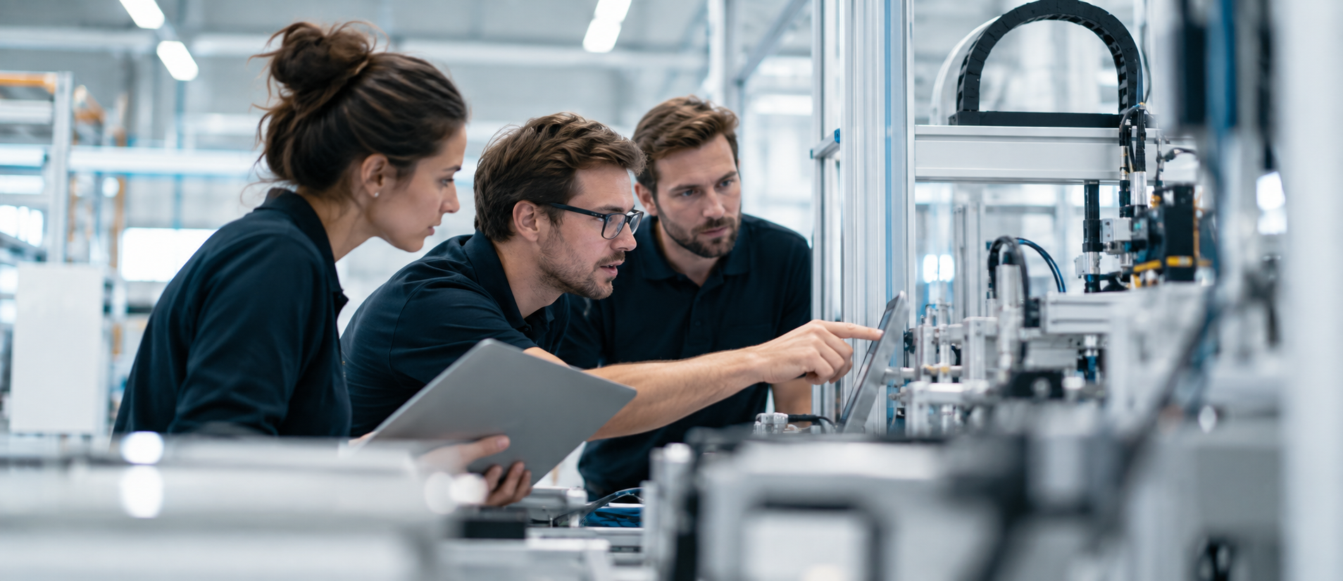 Professionals working together on an industrial machine